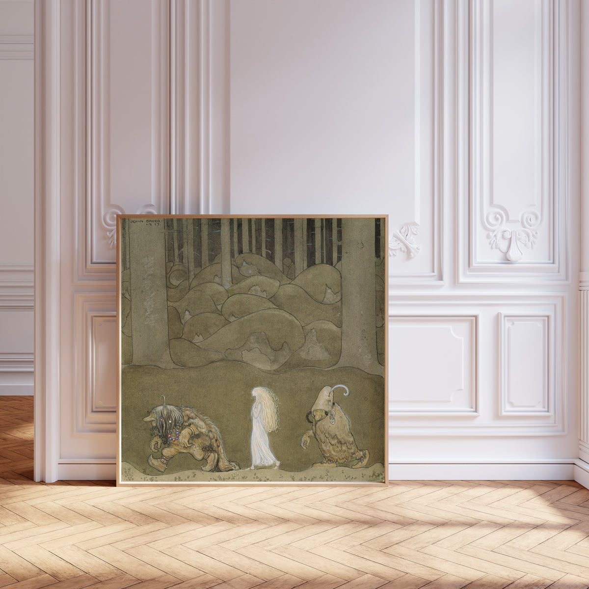 Framed art print of The Princess and the Trolls by John Bauer, leaning against pale pink panelling on a herringbone floor
