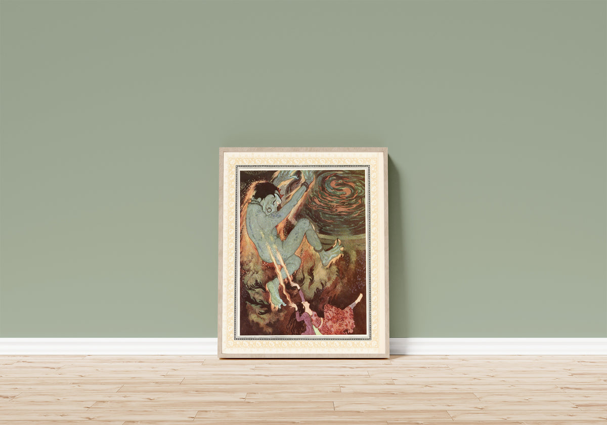Framed art print of The Princess burns the Efrite to death by Edmund Dulac, in a light wood frame leaning on a sage green wall above a wooden floor