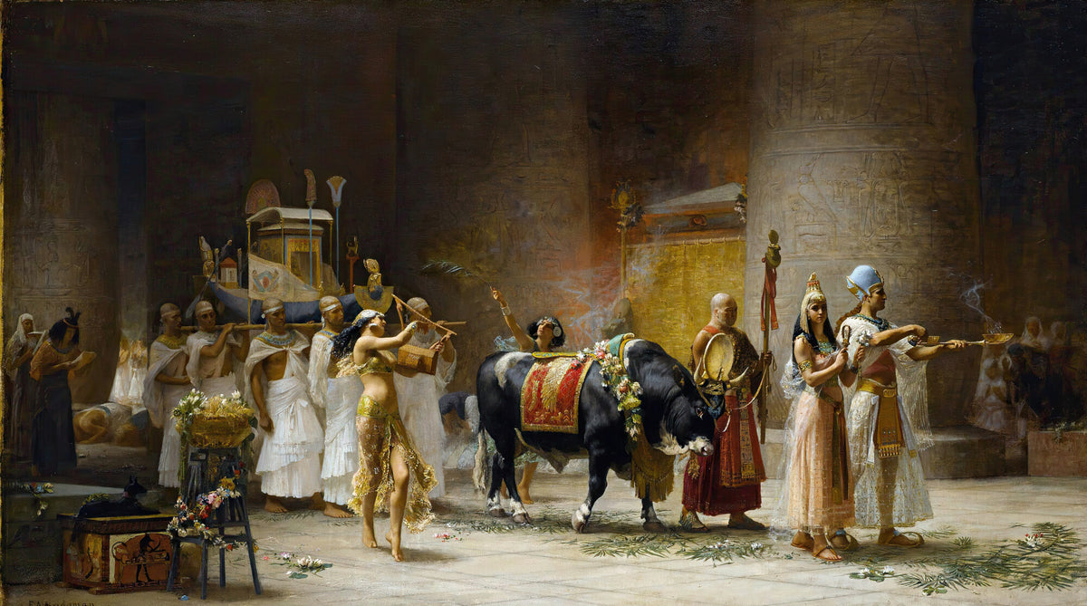 The Procession of the Bull Apis by Frederick Arthur Bridgman — A black bull in a red saddlecloth is led through a temple hall