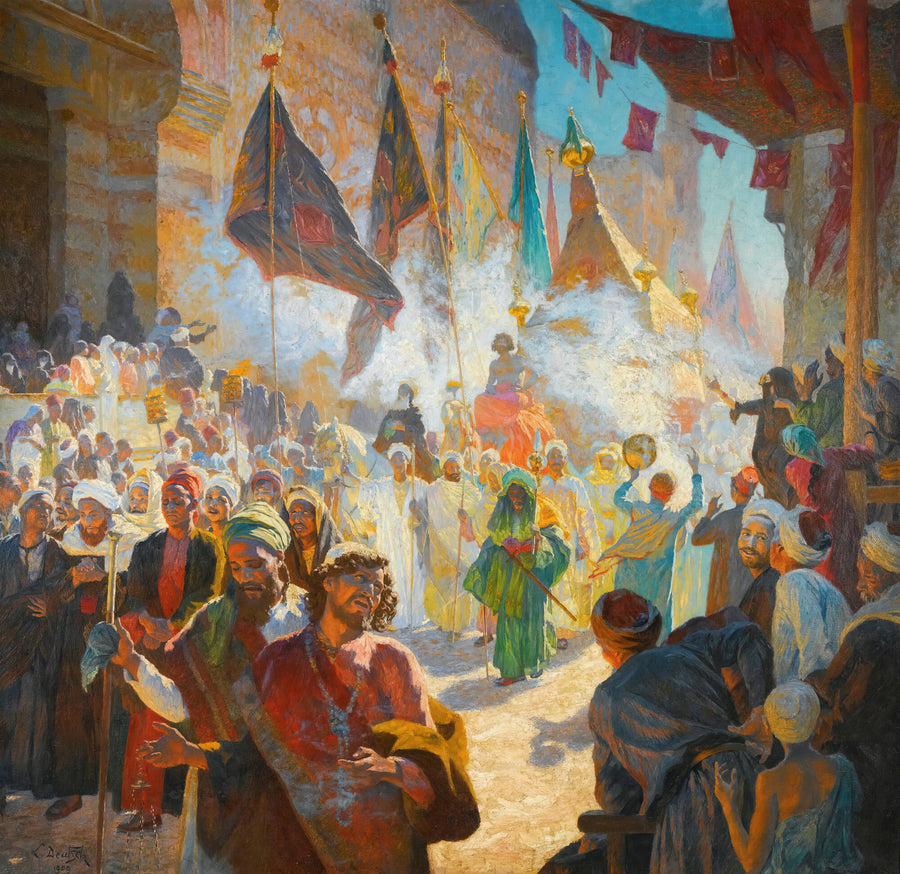 Ludwig Deutsch — The Procession of the Mahmal through the Streets of Cairo | Art Print shown to scale on a wall above a sofa