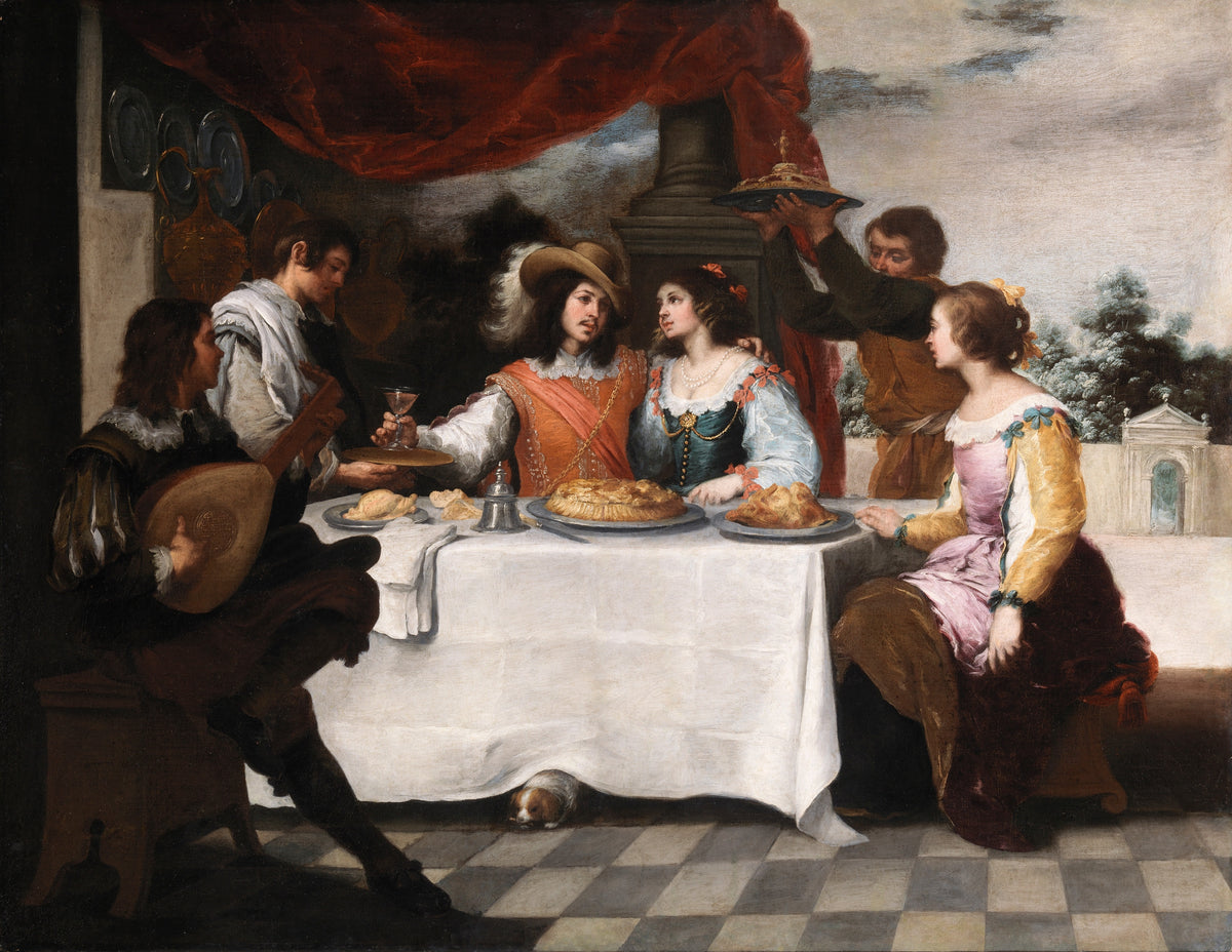 The Prodigal Son Feasting by Bartolomé Esteban Murillo — A feast under a red curtain, with a lute player and a couple