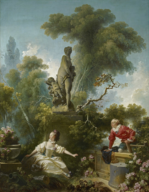 The Progress of Love: The Meeting by Jean-Honoré Fragonard — A girl falls back in surprise as a young man climbs the garden wall