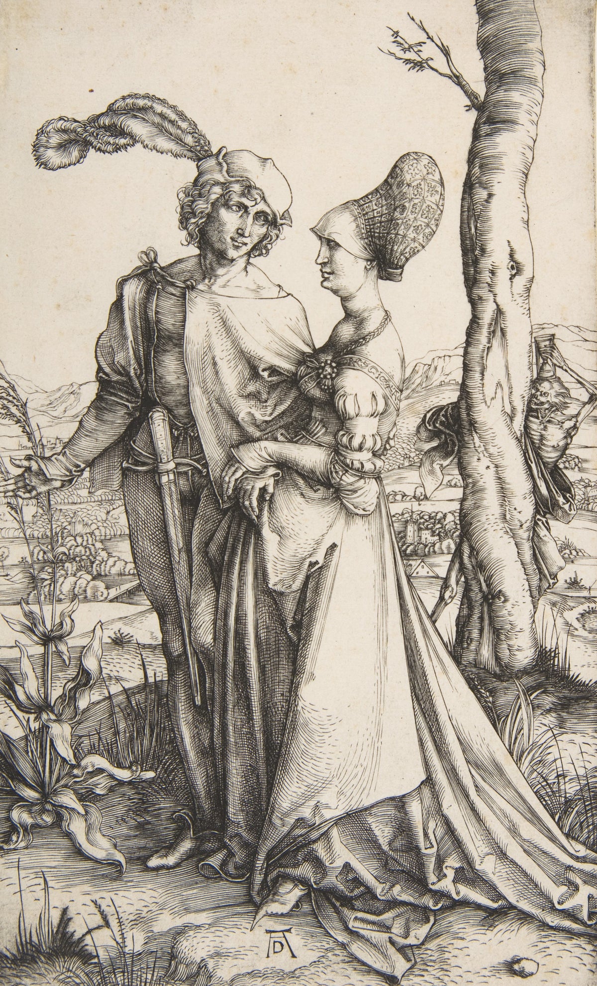 The Promenade by Albrecht Dürer — A couple turn to each other as a skeleton hides behind a tree