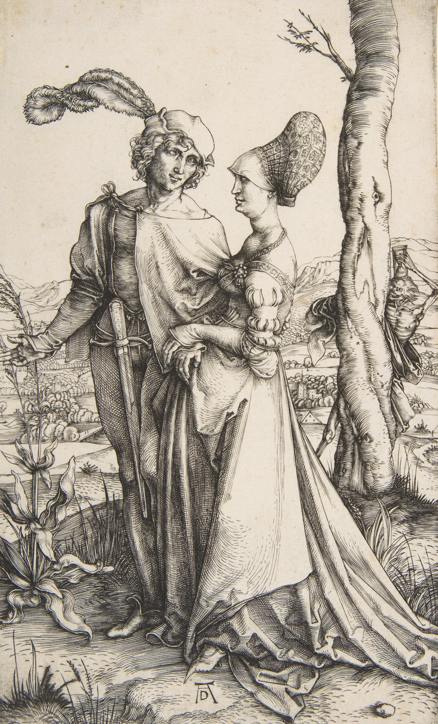 Albrecht Dürer — The Promenade | Engraving Print shown to scale on a wall above a sofa