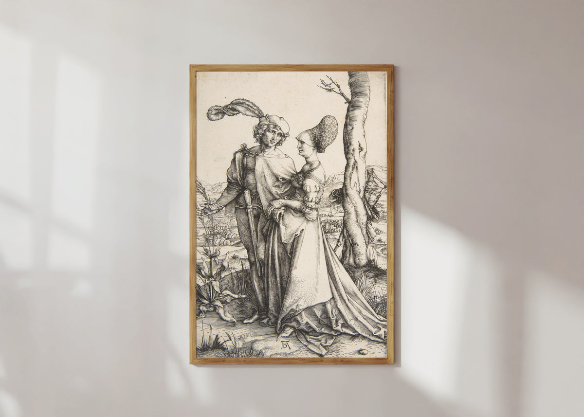 Framed art print of The Promenade by Albrecht Dürer, in a light wood frame on a sunlit white wall