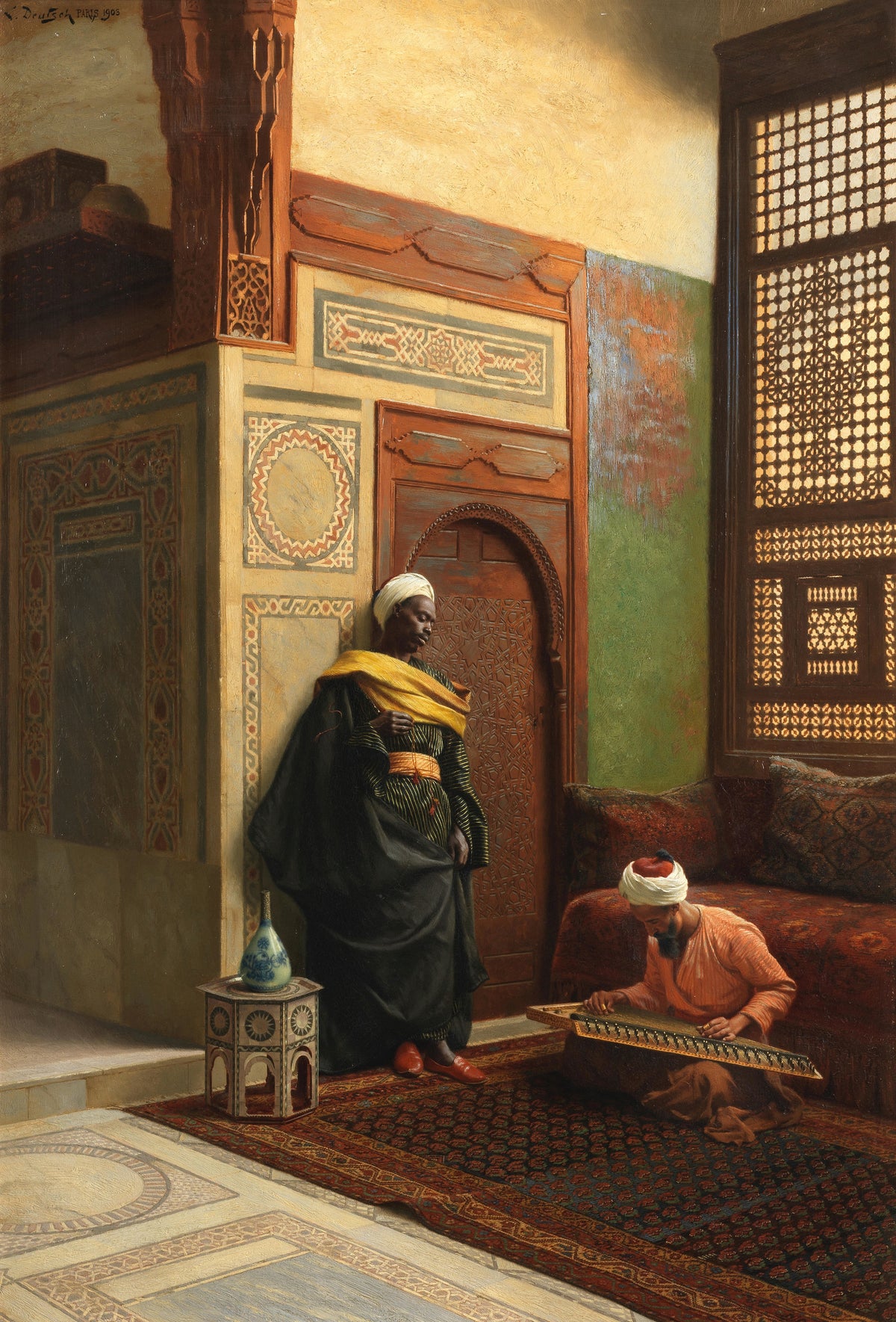 The Qanun Player by Ludwig Deutsch — A musician plays the qanun as a man leans by a carved palace door