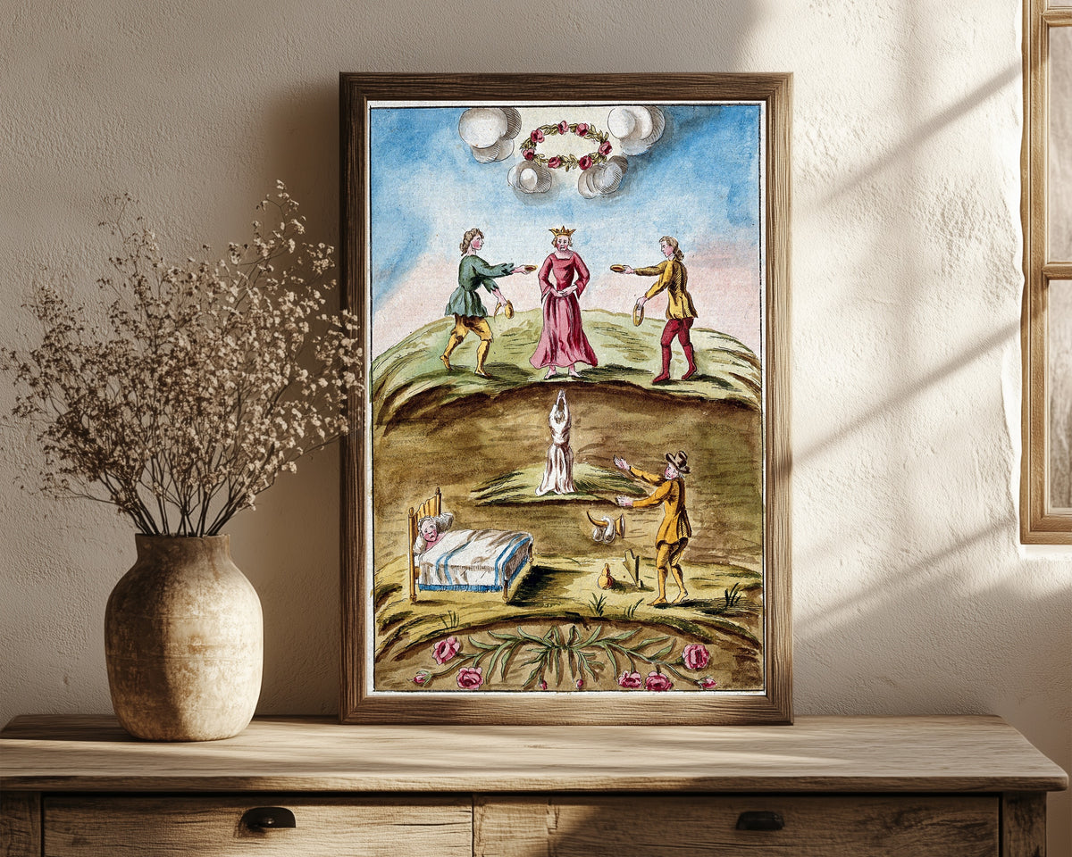 Framed art print of The Queen Presented with Dishes of Blood by After Nicolas Flamel, in a dark wood frame leaning on a rustic console beside dried flowers