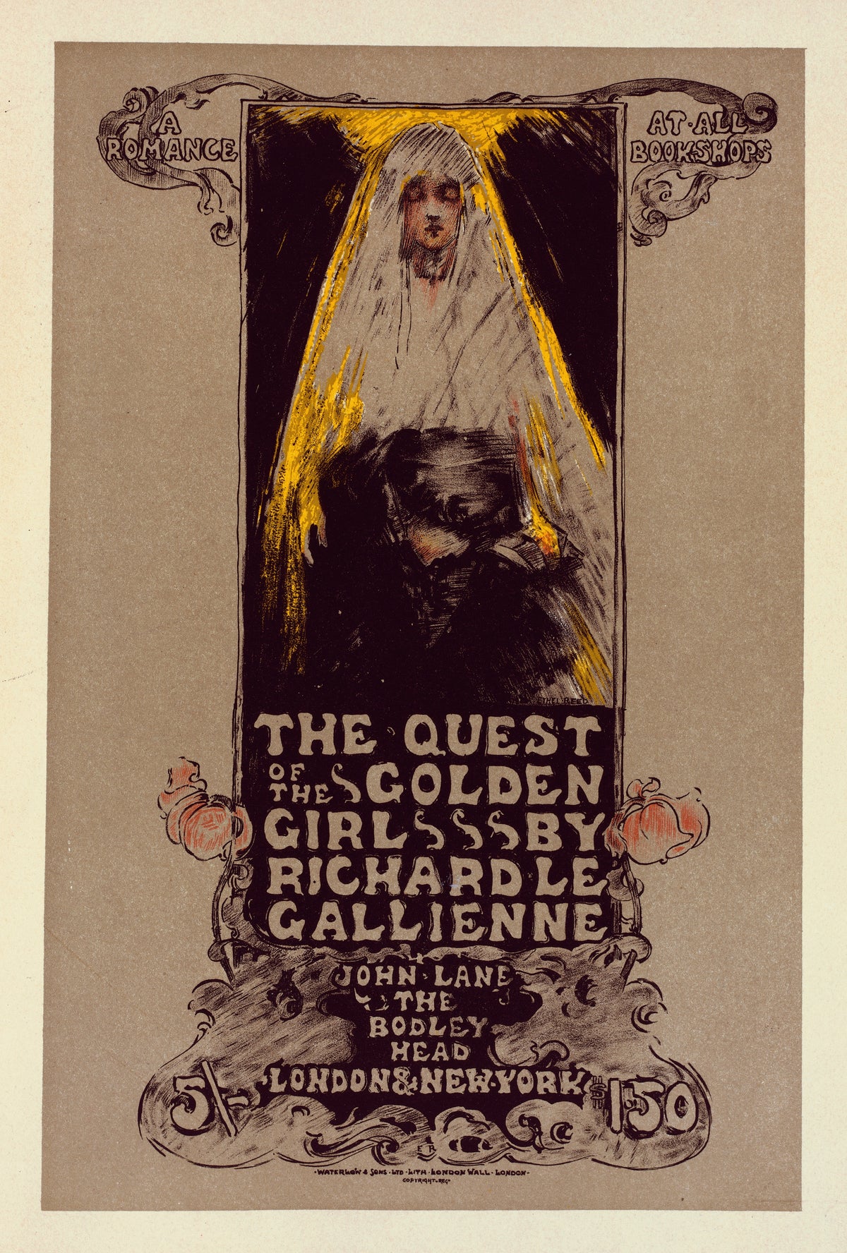The Quest of the Golden Girl by Richard Le Gallienne by Ethel Reed — A veiled woman glows in golden light above a bowed figure