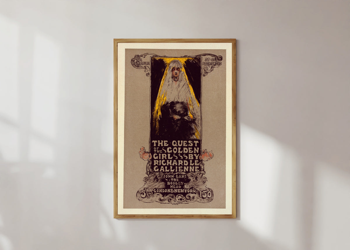 Framed art print of The Quest of the Golden Girl by Richard Le Gallienne by Ethel Reed, in a light wood frame on a sunlit white wall