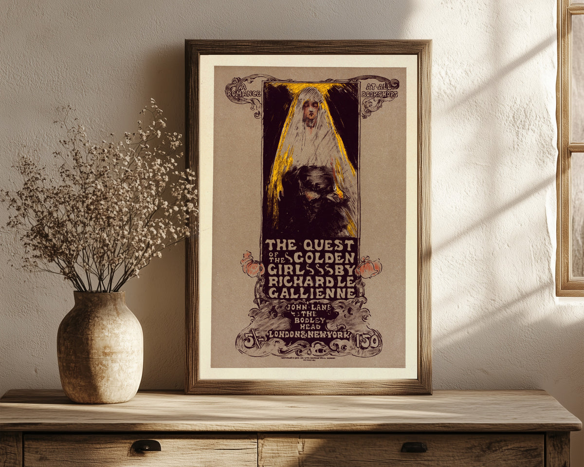 Framed art print of The Quest of the Golden Girl by Richard Le Gallienne by Ethel Reed, in a dark wood frame leaning on a rustic console beside dried flowers