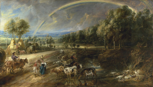 The Rainbow Landscape by Peter Paul Rubens — A double rainbow arcs over haymakers, cattle and ducks at a stream