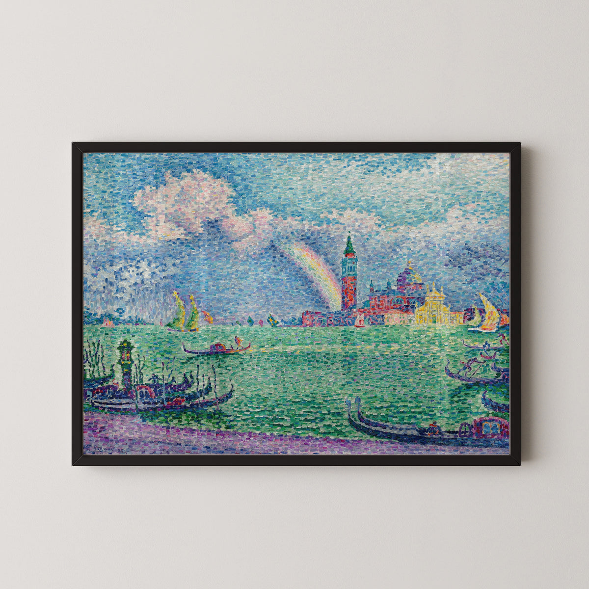 Framed art print of The Rainbow, Venice by Paul Signac, in a black frame on a pale wall