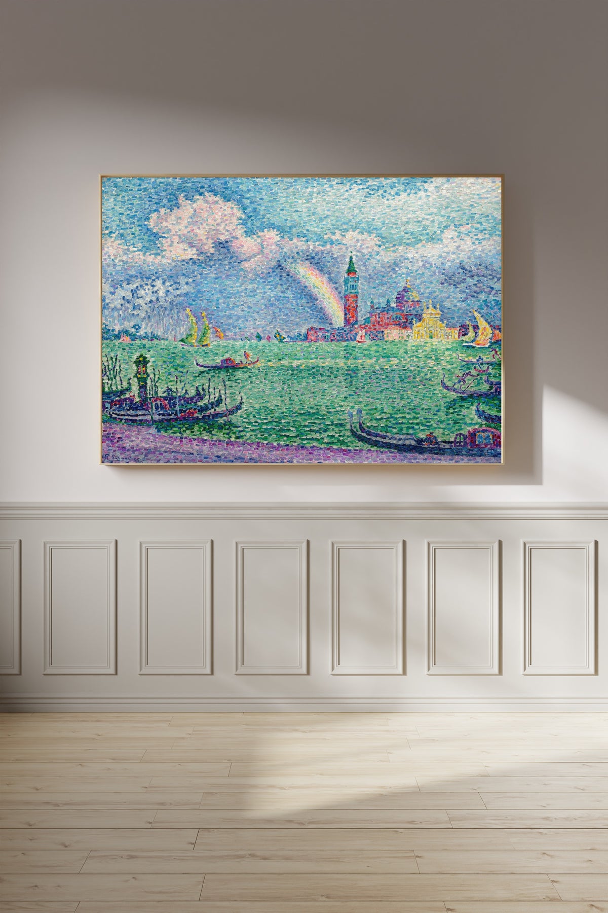 Framed art print of The Rainbow, Venice by Paul Signac, on a panelled wall in afternoon light