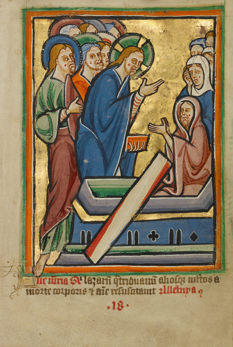 The Raising of Lazarus | Illuminated Manuscript Print shown to scale on a wall above a sofa