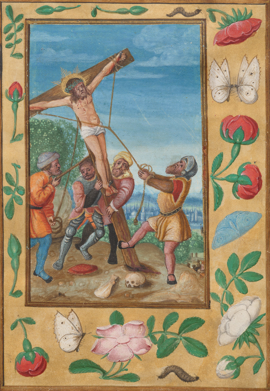 The Raising of the Cross | Illuminated Manuscript Print shown to scale on a wall above a sofa