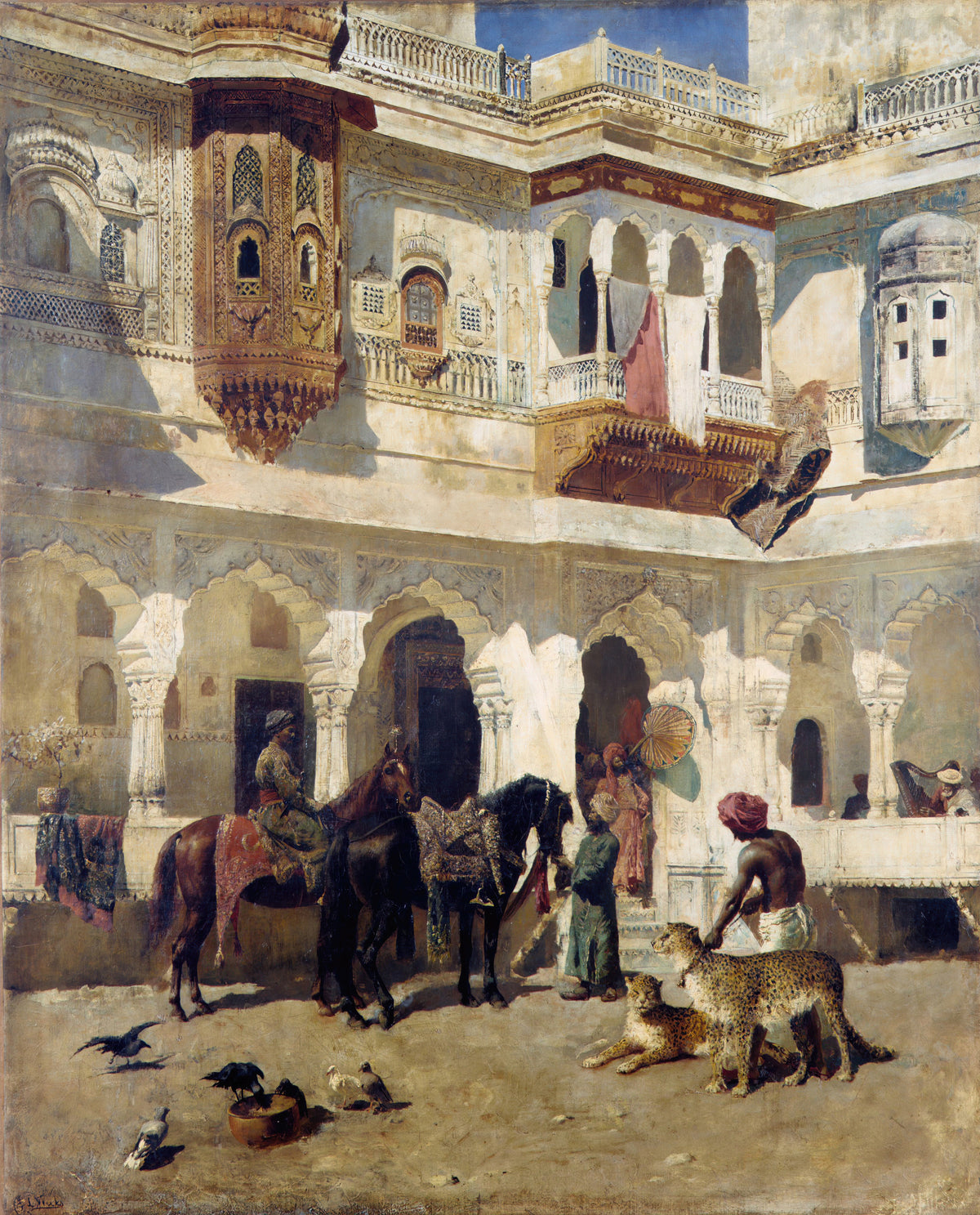 The Rajah Starting on a Hunt by Edwin Lord Weeks — Saddled horses and hunting cats wait in a carved palace courtyard