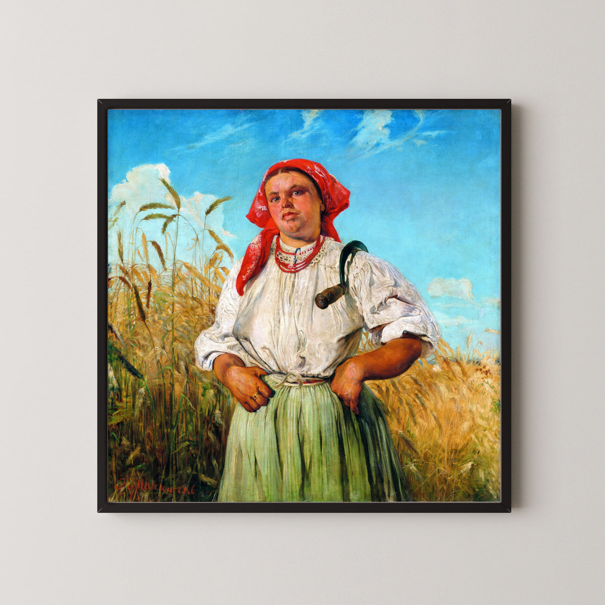Framed art print of The Reaper by Jacek Malczewski, in a black frame on a pale wall