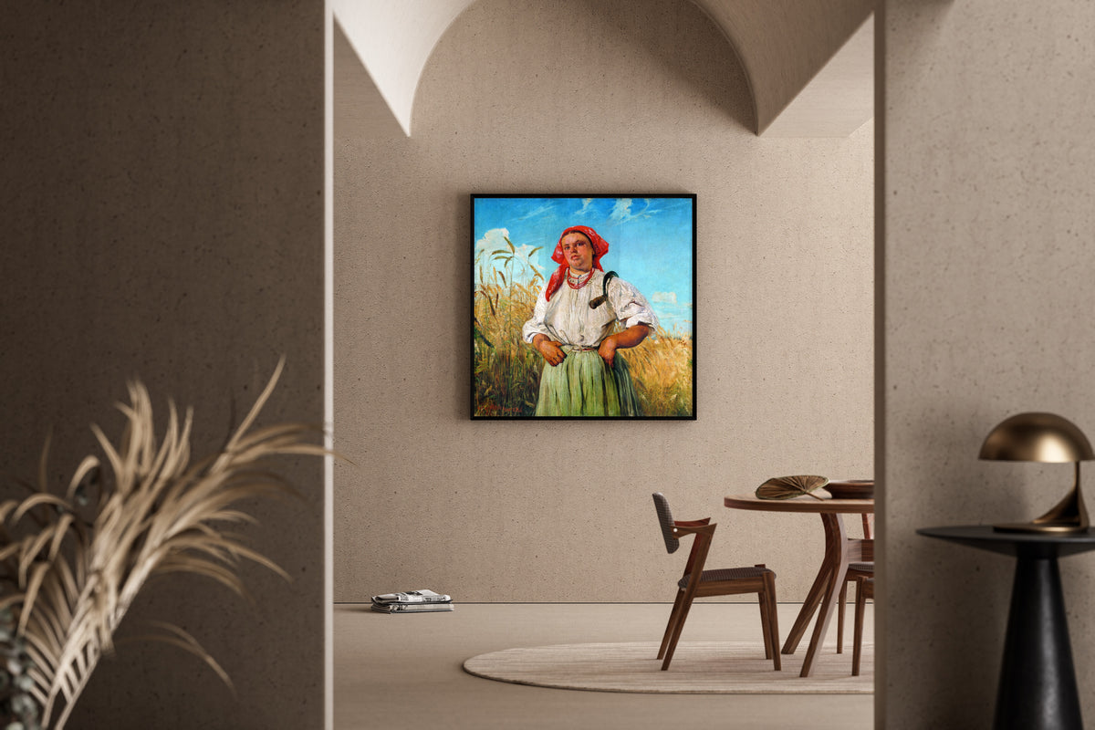 Framed art print of The Reaper by Jacek Malczewski, in a sunlit dining corner