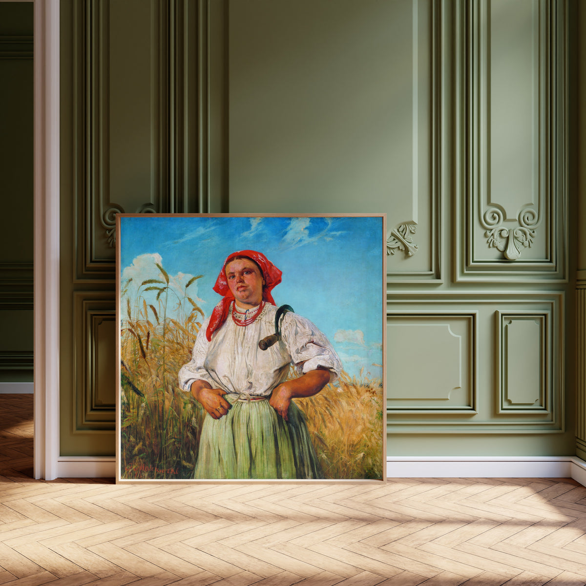 Framed art print of The Reaper by Jacek Malczewski, leaning against olive-green panelling on a herringbone floor