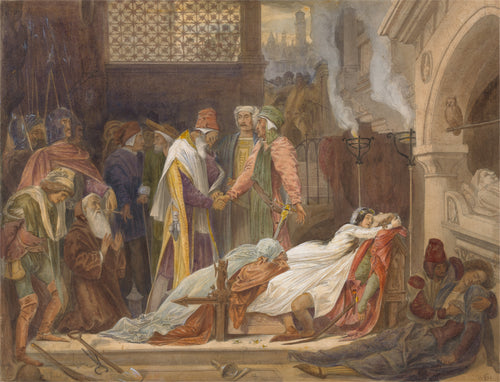 The Reconciliation of the Montagues and the Capulets by Frederic Leighton — Two old fathers clasp hands over the bodies of Romeo and Juliet