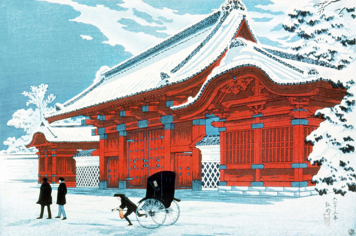 Takahashi Shotei — The Red Gate of Hongo in Snow (1926) | Japanese Woodblock Print (Shin Hanga)