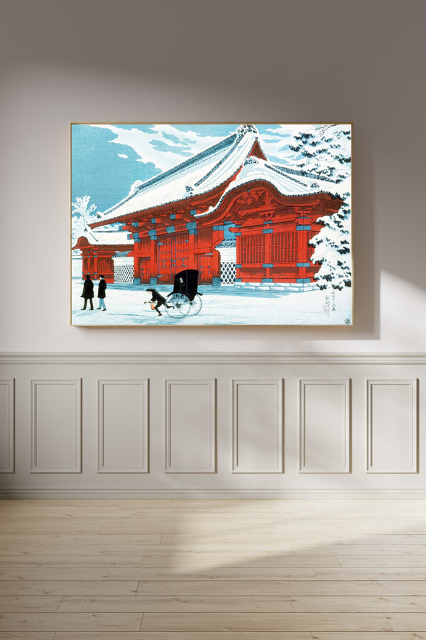 Takahashi Shotei — The Red Gate of Hongo in Snow (1926) | Japanese Woodblock Print (Shin Hanga)