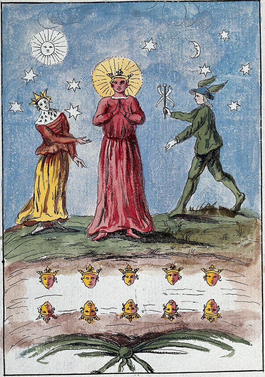 After Nicolas Flamel — The Red King, the Queen and Mercury | Alchemical Etching Print shown to scale on a wall above a sofa