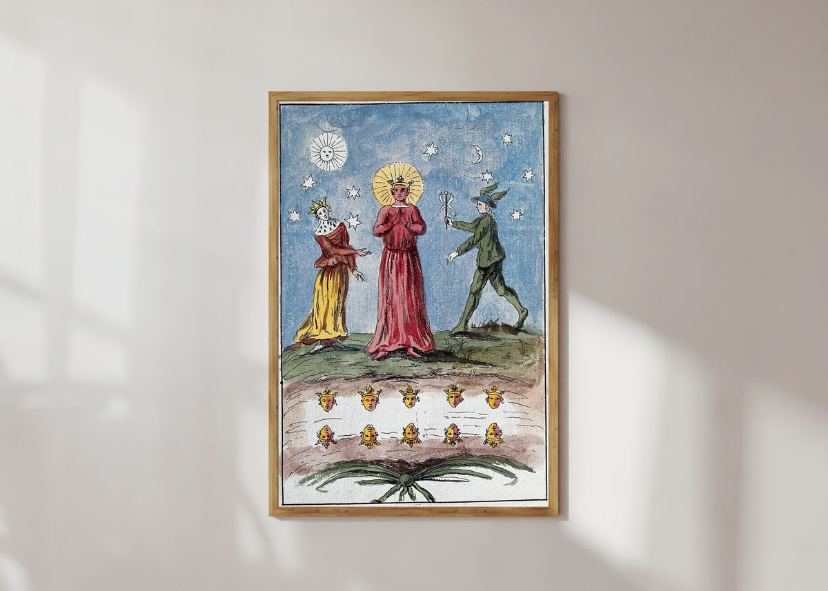 Framed art print of The Red King, the Queen and Mercury by After Nicolas Flamel, in a light wood frame on a sunlit white wall