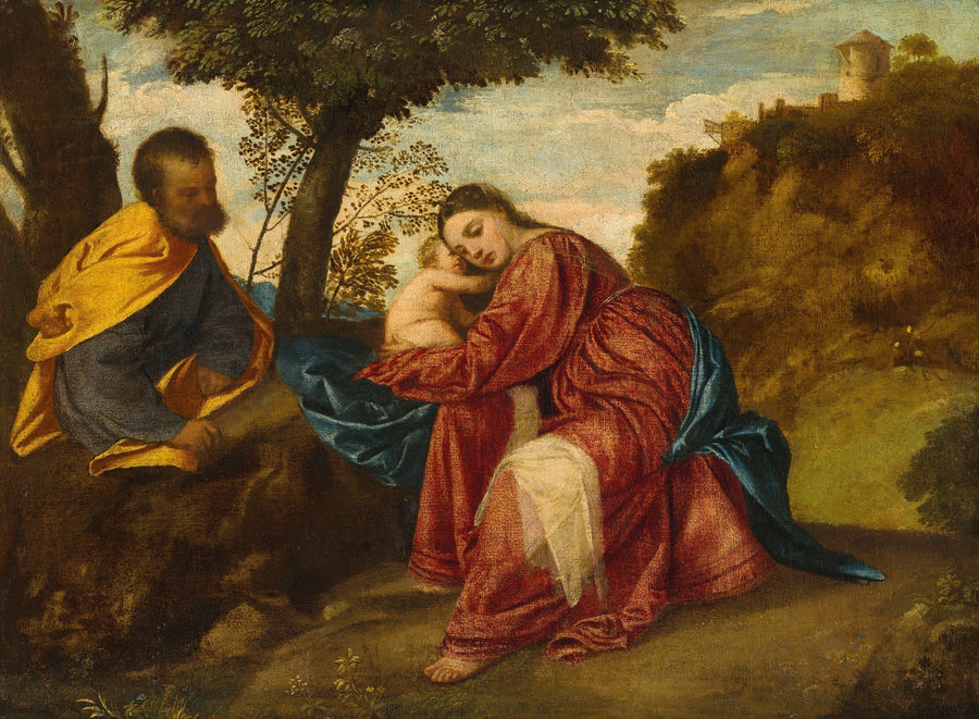 Titian — The Rest on the Flight into Egypt | Fine Art Print shown to scale on a wall above a sofa
