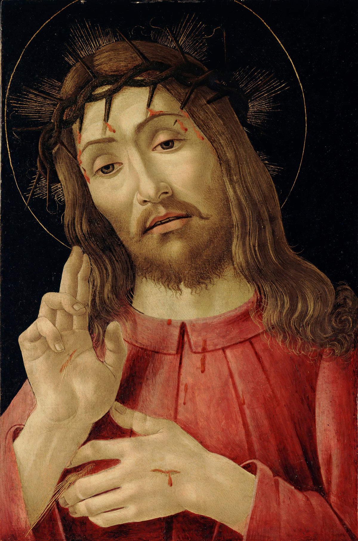 The Resurrected Christ by Sandro Botticelli — Christ with downcast eyes, a crown of thorns and a raised hand