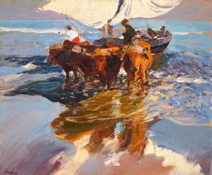Joaquín Sorolla — The Return from Fishing, Valencia Beach | Fine Art Print shown to scale on a wall above a sofa
