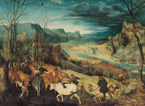 The Return of the Herd (Autumn) by Pieter Bruegel the Elder — Cattle are driven down a hillside above a river valley