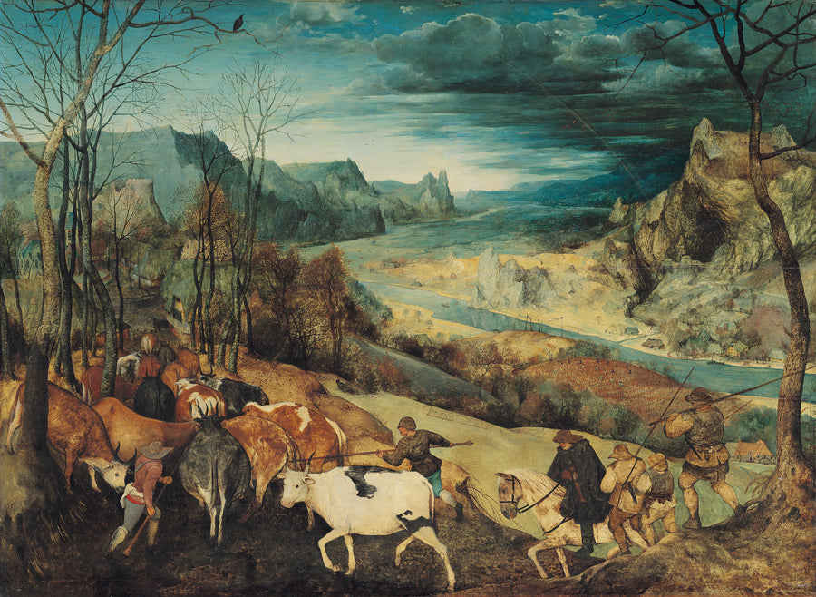 Pieter Bruegel the Elder — The Return of the Herd (Autumn) | Fine Art Print shown to scale on a wall above a sofa