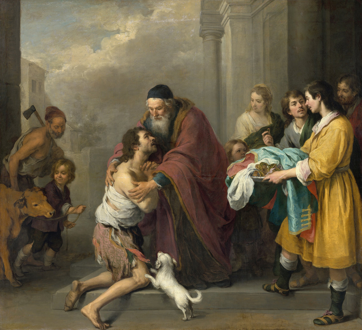 The Return of the Prodigal Son by Bartolomé Esteban Murillo — A father embraces his ragged kneeling son as a white dog leaps up