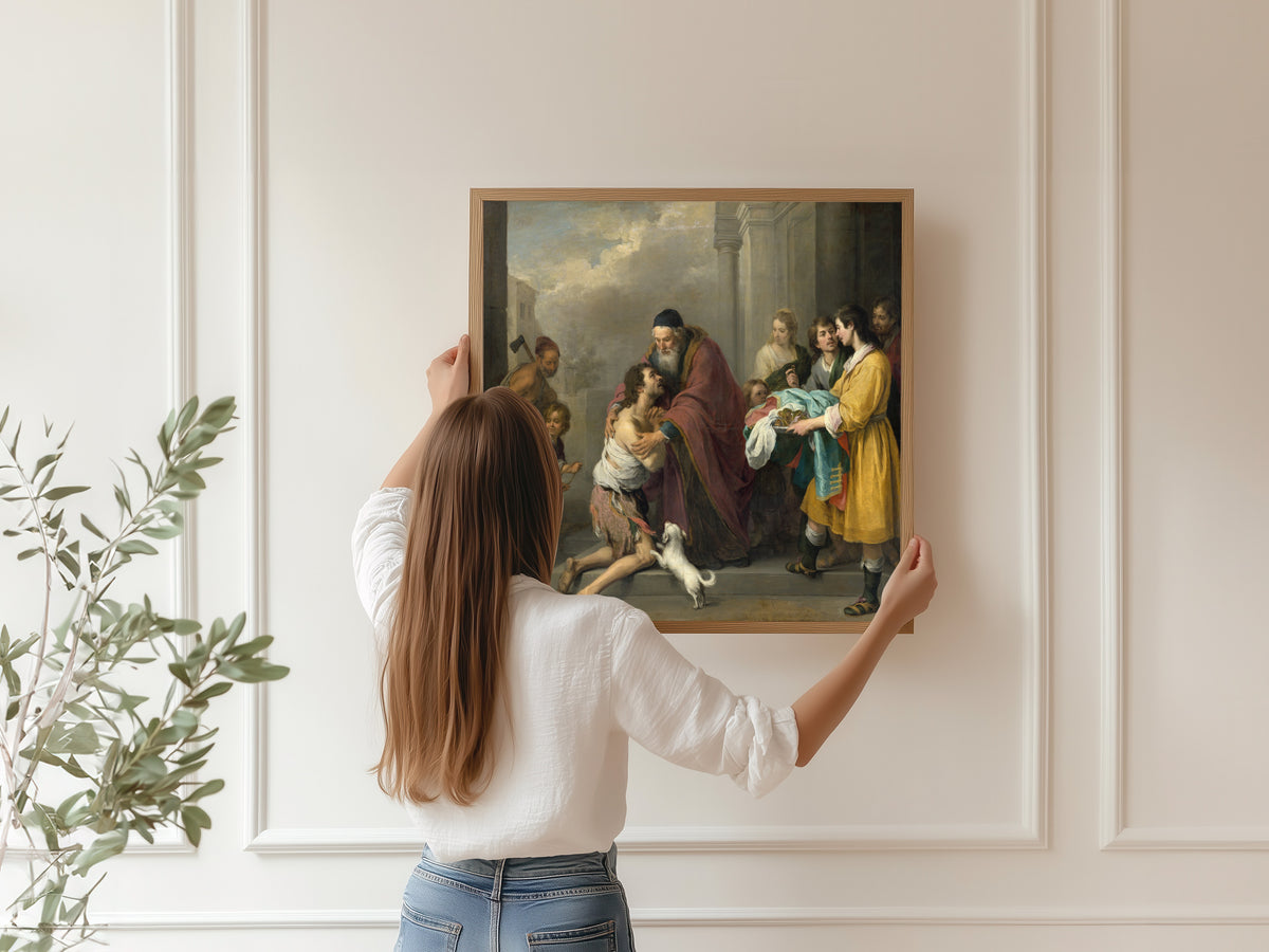 Framed art print of The Return of the Prodigal Son by Bartolomé Esteban Murillo, hung on a panelled wall