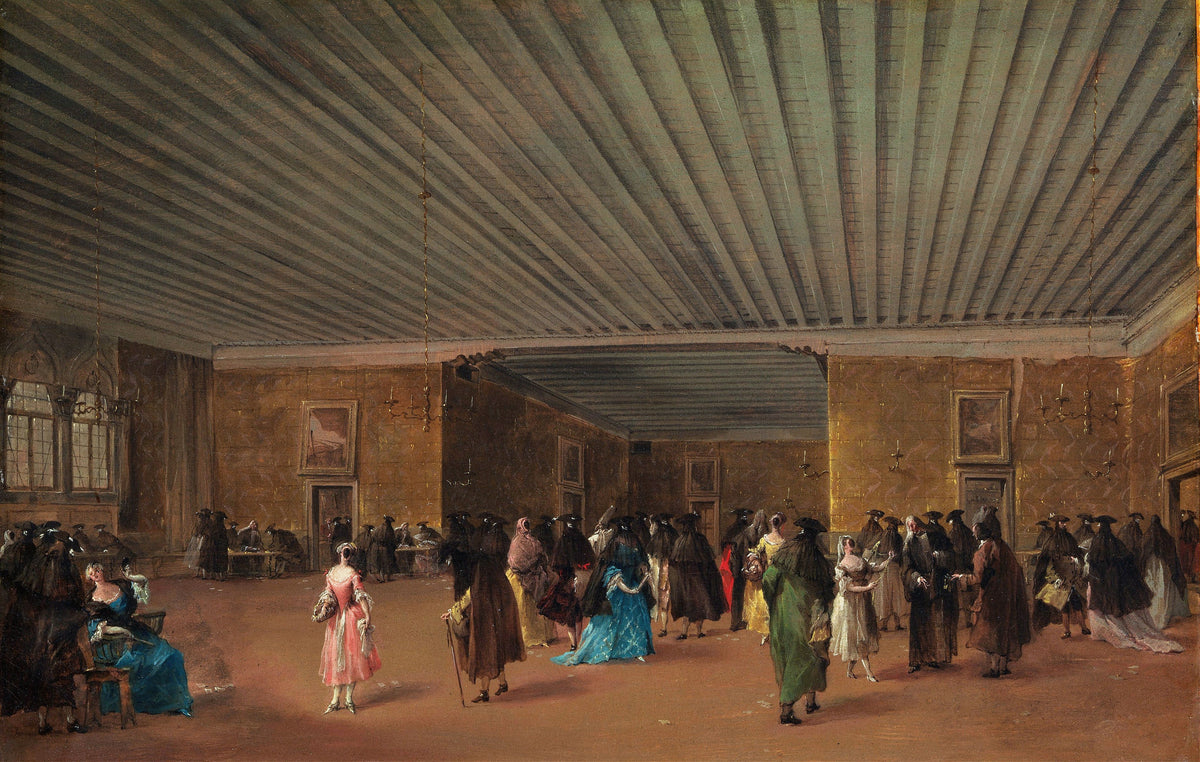 The Ridotto Pubblico at Palazzo Dandolo by Francesco Guardi — Venetians in black cloaks gather in a long hall under a beamed ceiling