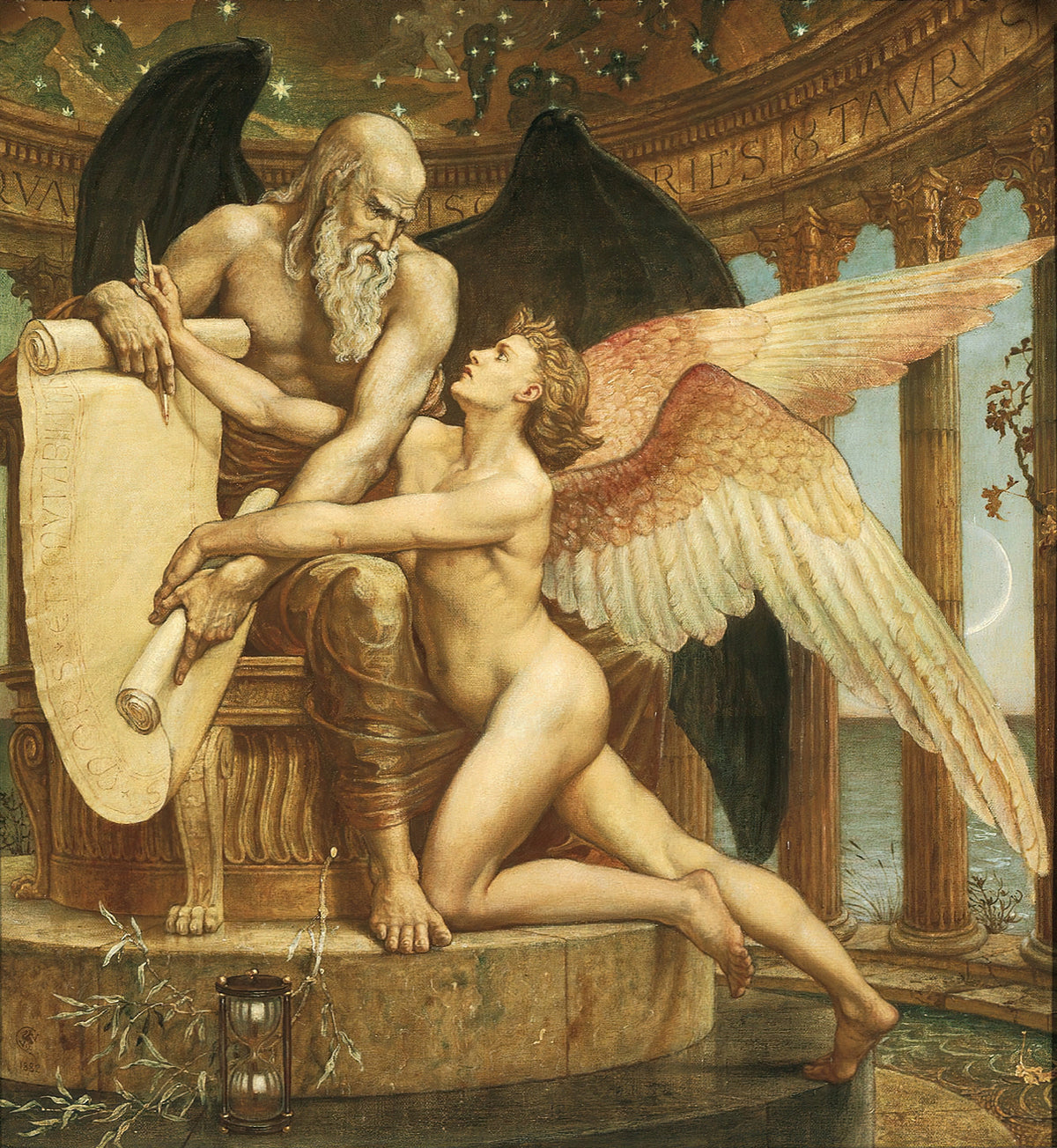 The Roll of Fate by Walter Crane — Winged Time shows a kneeling winged youth the scroll of fate