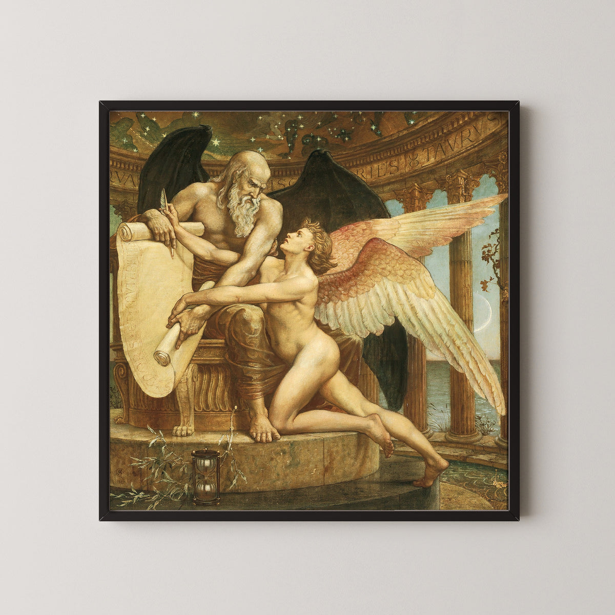 Framed art print of The Roll of Fate by Walter Crane, in a black frame on a pale wall