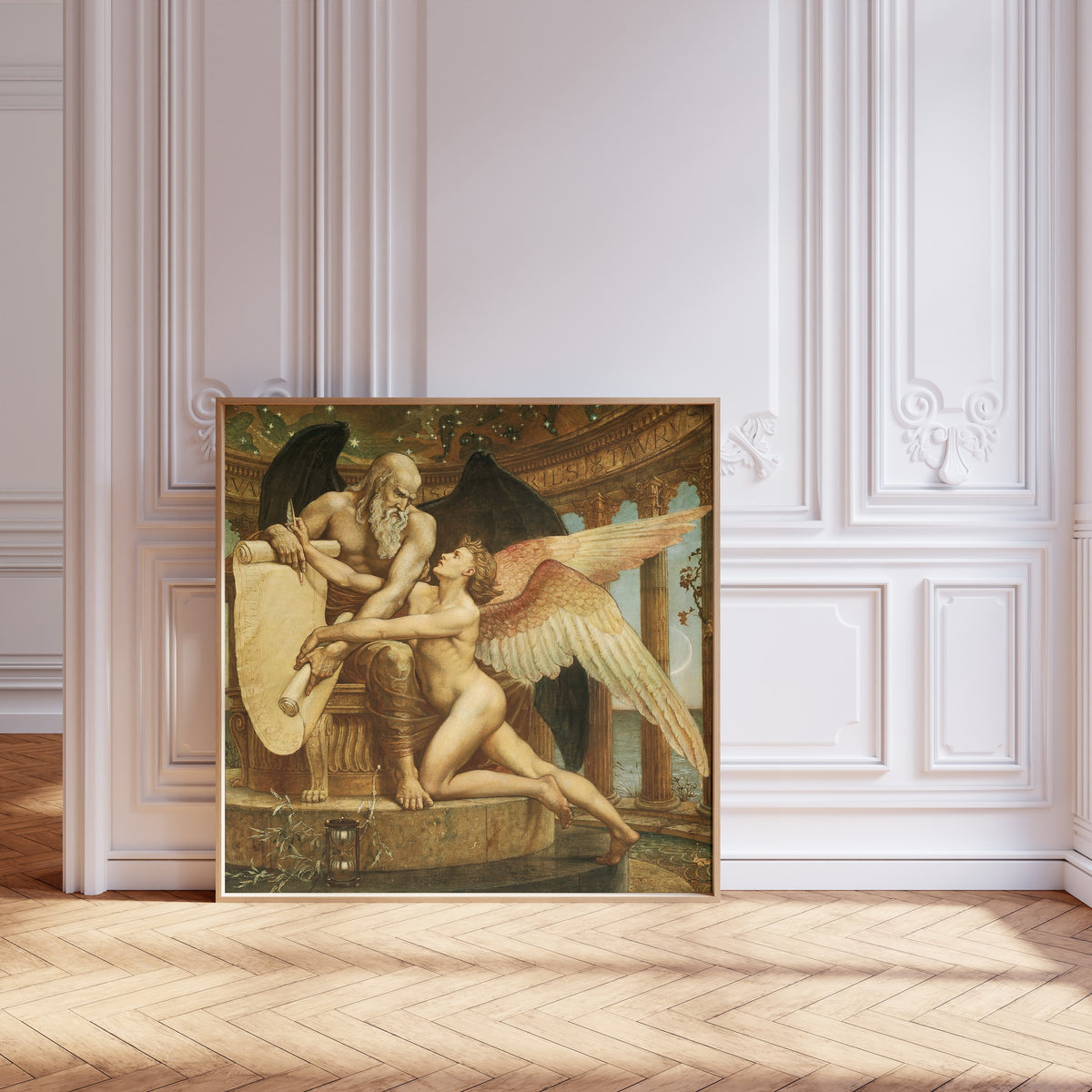Framed art print of The Roll of Fate by Walter Crane, leaning against pale pink panelling on a herringbone floor