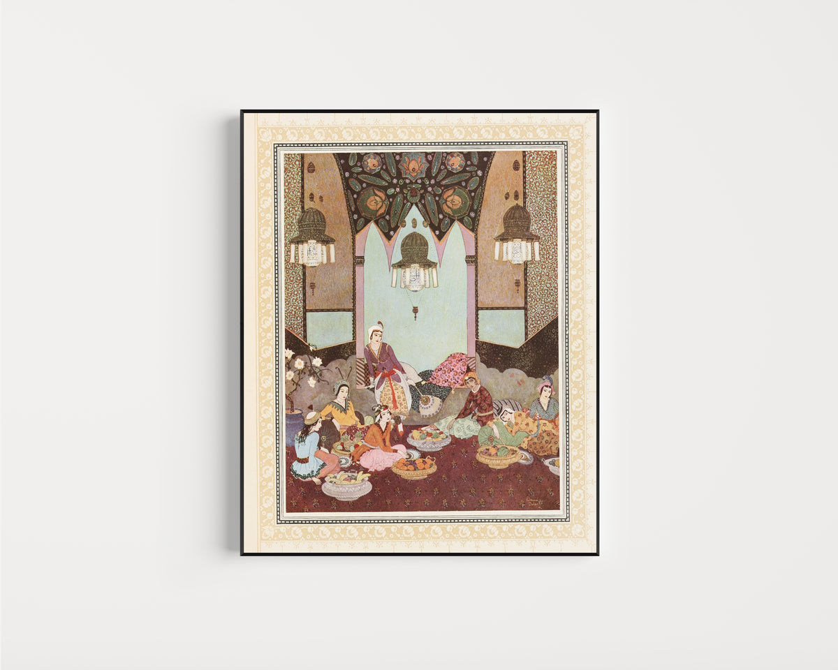 Framed art print of The Room of the Fruits Prepared for Abu-l-Hasan by Edmund Dulac, in a slim black frame on a plain white wall
