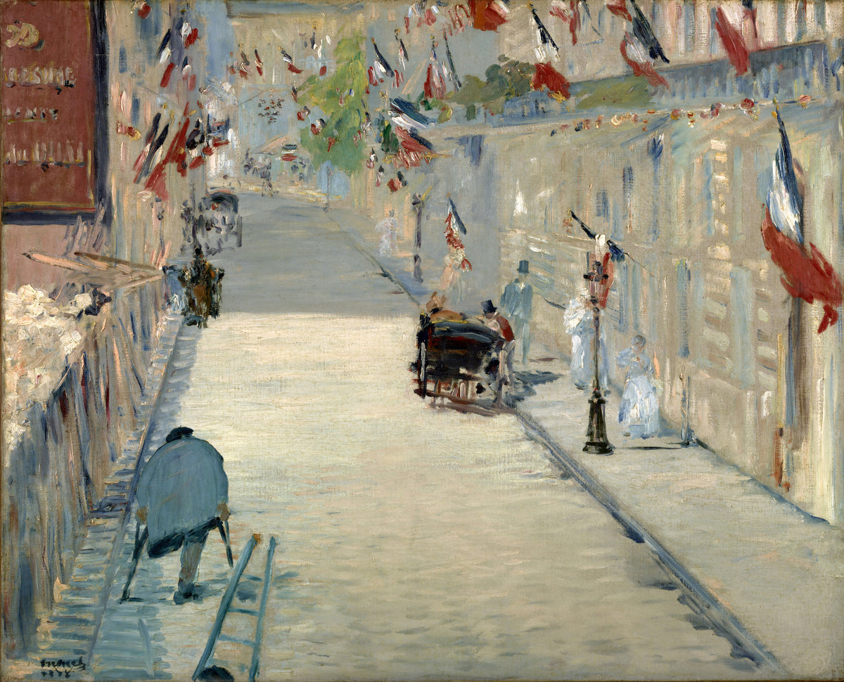 The Rue Mosnier with Flags by Édouard Manet — A Paris street hung with tricolour flags, a man on crutches below