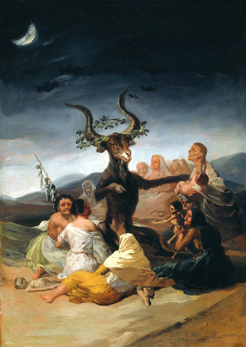 The Sabbath of Witches by Francisco de Goya — A garlanded he-goat presides over a moonlit gathering of witches