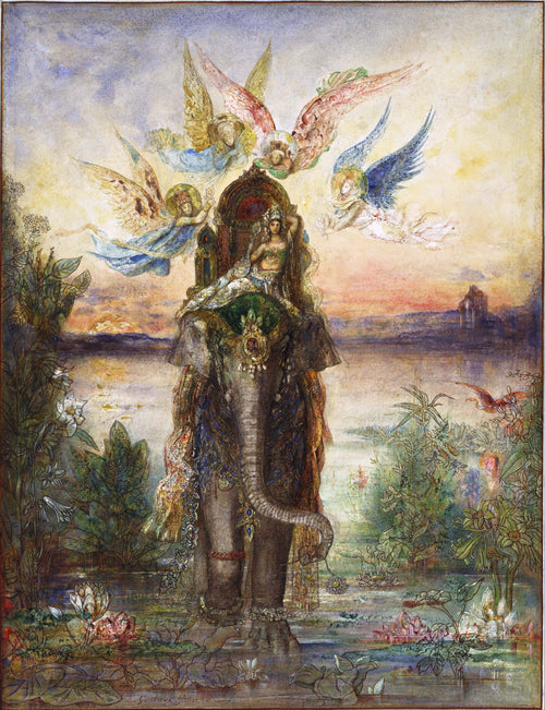 The Sacred Elephant (Péri) by Gustave Moreau — A crowned péri rides a jewelled elephant through a lotus lake