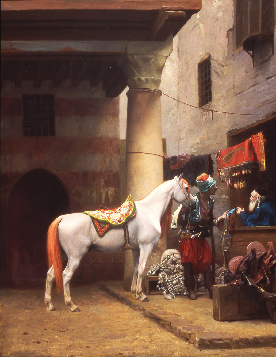 Jean-Léon Gérôme — The Saddle Bazaar, Cairo | Art Print shown to scale on a wall above a sofa