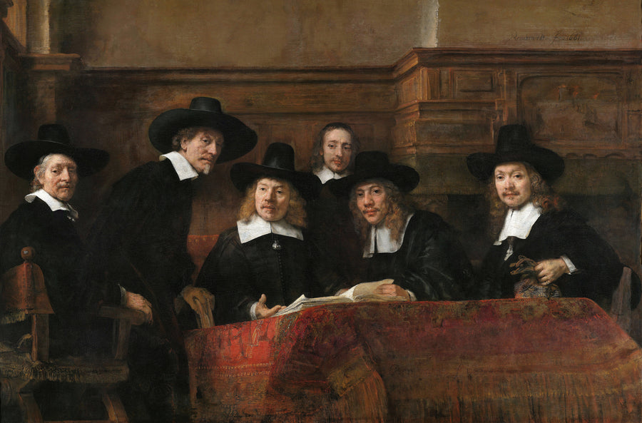 Rembrandt van Rijn — The Sampling Officials of the Amsterdam Drapers' Guild, Known as 'The Syndics' | Fine Art Print shown to scale on a wall above a sofa