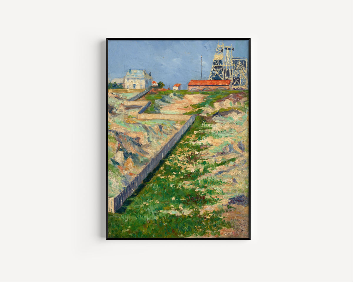 Framed art print of The Scaffolding of the Sacré-Coeur by Paul Signac, in a slim black frame on a plain white wall