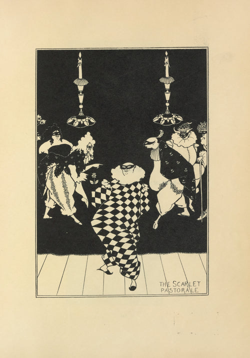 The Scarlet Pastorale by Aubrey Beardsley — A masked harlequin dances among revellers under two tall candles