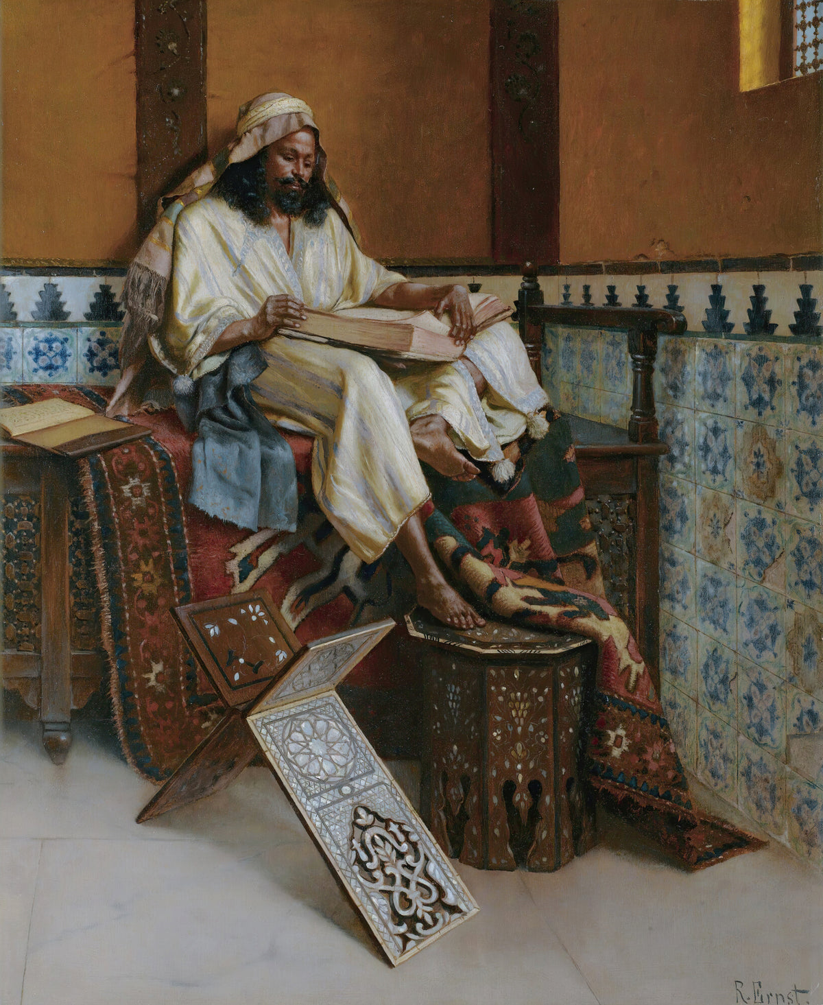 The Scholar by Rudolf Ernst — A scholar reads a great book on a rug-draped bench by blue tiles