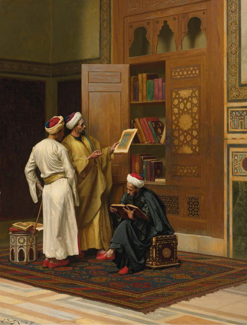 The Scholars by Ludwig Deutsch — Three scholars study an illuminated page beside an open bookcase