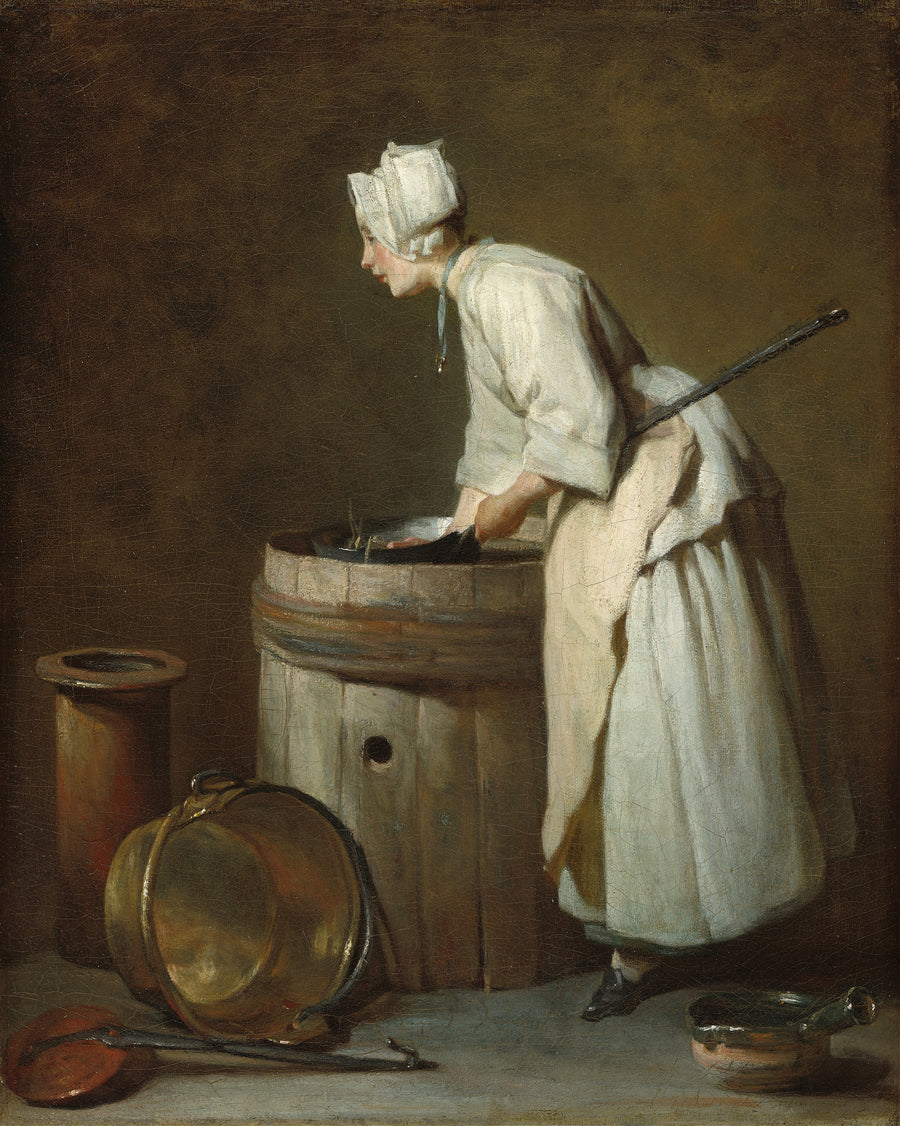 Jean-Siméon Chardin — The Scullery Maid | Fine Art Print shown to scale on a wall above a sofa